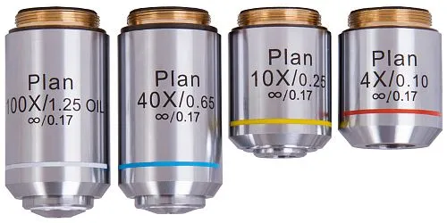 immagine set di obiettivi piani Levenhuk 1000, 4x, 10x, 40xs, 100xs (olio),  1