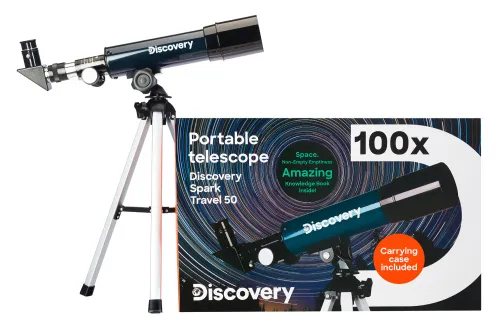 foto telescopio Levenhuk Discovery Spark Travel 50 con libro,  2