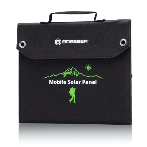 fotografia caricabatterie solare portatile Bresser 40 watt con alimentazione USB,  2