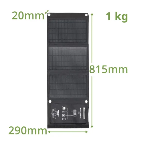 foto caricabatterie solare portatile Bresser 21 watt con alimentazione USB,  5
