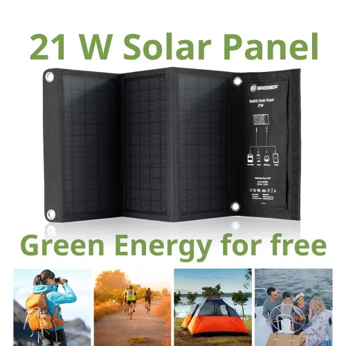 foto caricabatterie solare portatile Bresser 21 watt con alimentazione USB,  2