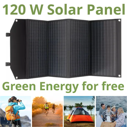 foto caricabatterie solare portatile Bresser 120 watt con alimentazione USB,  2
